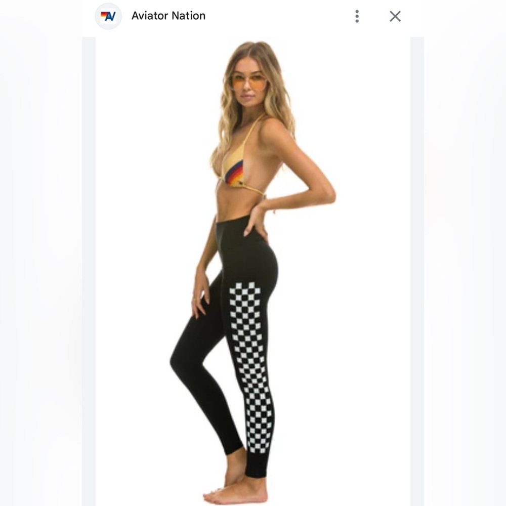 Aviator Nation Black Leggings with White Checker Stripe